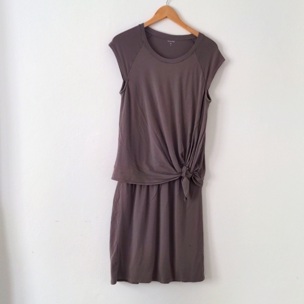Garnet Hill Drop Knot Tie Waist Dress Capped Sleeves Stretch Knit Brown Sz M